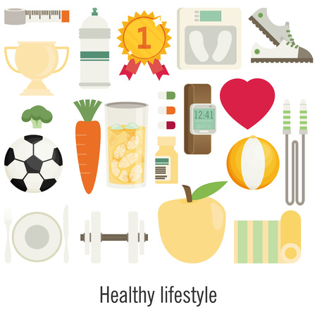 Flat vector illustration of icons for fitness, sport and dietのイラスト素材