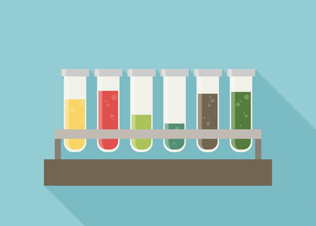 five multicolor test tubes with green, blue, orange, yellow and red bubbling sparkling liquid in rack.のイラスト素材