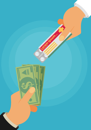 Buying medical pills in blister pack for money bills concept. Hand giving money for medicine. Flat designのイラスト素材