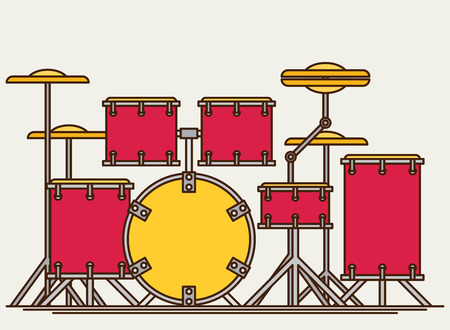 Color flat style vector drum set. Bass tom-tom ride cymbal crash hi-hat snare standsのイラスト素材