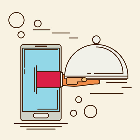 Food creative concept, restaurant cloche in hand, app service, enjoy your meal. Mobile service, delivery serviceのイラスト素材