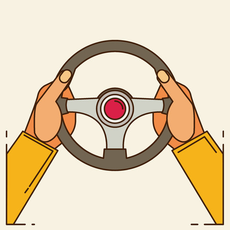 Hands holding steering wheel, vector illustration in flat style.のイラスト素材