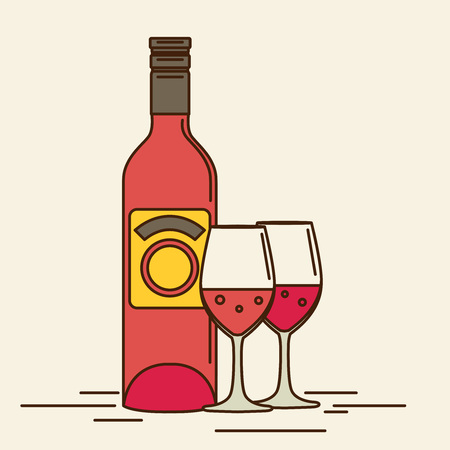 Vector wine bottle and wine glass with red wine. Flat style.のイラスト素材