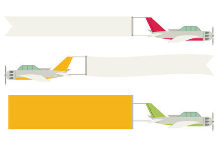Flying vintage plane with the advertising banner modern flat concept. Template for a text web bannersのイラスト素材
