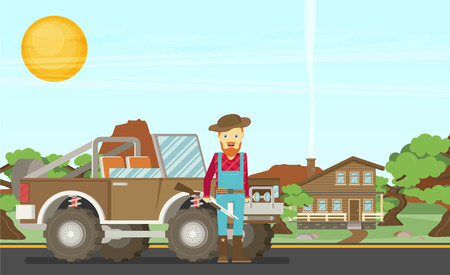 Cartoon hunter with gun. Redneck. Car. Nature landscapeのイラスト素材