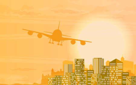 Vector illustration with plane taking off at sunset.のイラスト素材