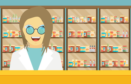Modern flat vector illustration of a female pharmacist at the counter in a pharmacy opposite the shelves with medicines.のイラスト素材