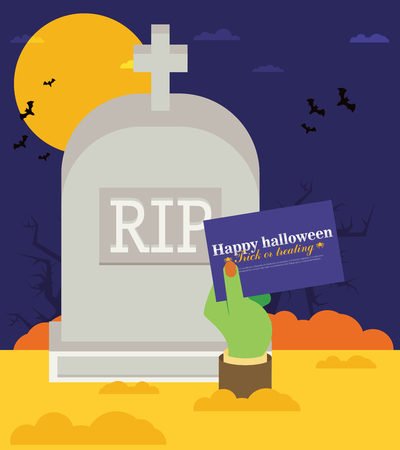 Tomb Stone Zombie Hand From Ground Flat Vector Illustration Halloween Bannerのイラスト素材