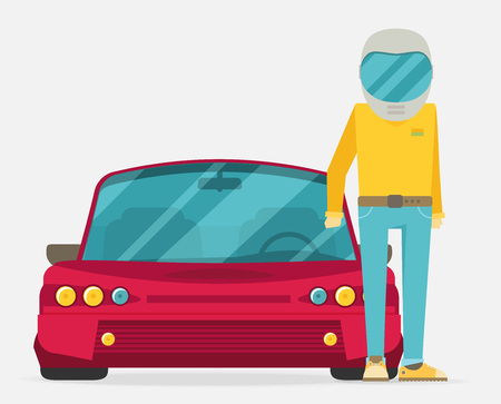 Car front view. Pilot person character portrait. Race car tuning. Colorful vector illustration of vehicle. Flat design.のイラスト素材