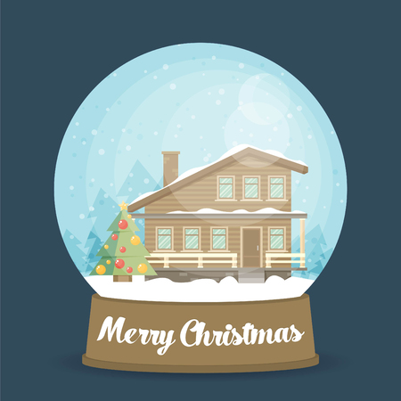 Flat Christmas Snow Globe. Christmas snow globe with a Christmas tree inside. Isolated Christmas glass ball on a colored background.のイラスト素材