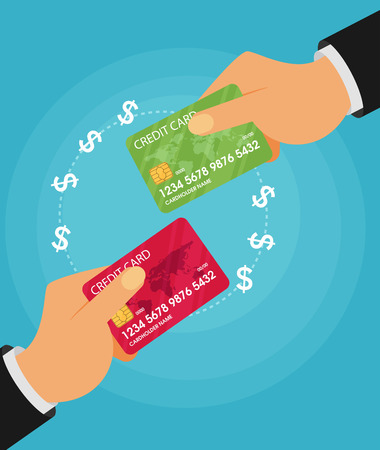 Sending and receiving money with a credit card. Vector illustration, flat design.のイラスト素材