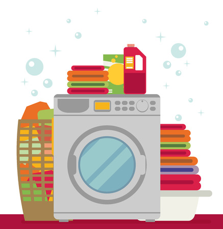 Washing Machine with Basket of Clean and Dirty Laundry. Flat Design Style.のイラスト素材