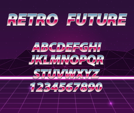 Retro futuristic vector background. Chrome Alphabet in 80s Retro Futurism style.のイラスト素材
