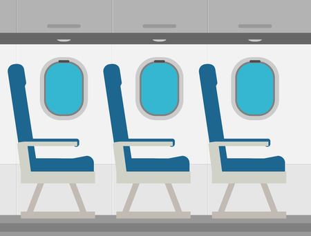 Aircraft interior with windows and seats, colorful flat vector illustrationのイラスト素材