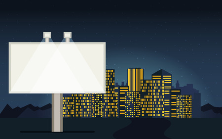 Night cityscape background with buildings, sky, stars. Empty urban big board with lampのイラスト素材
