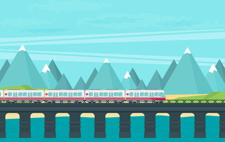 Train on railway with outdoor country landscape. Vector travel concept background.のイラスト素材