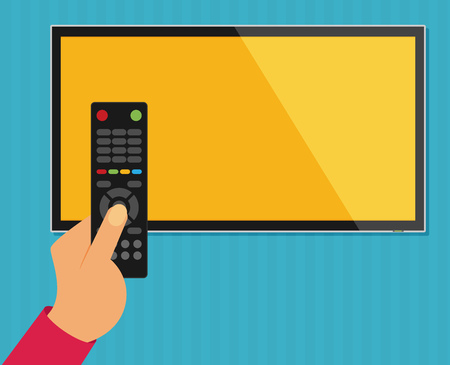 Human hand with black remote TV Control. Flat vector.のイラスト素材