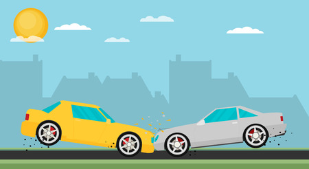 Car crash. Two cars hit head-on. Flat design.のイラスト素材