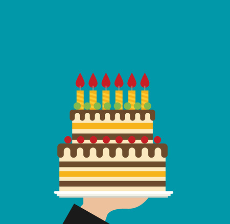 Hand holding birthday cake. Flat vectorのイラスト素材