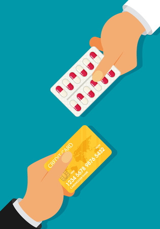 Buying medical pills in blister pack. Hand giving card for medicine. Flat designのイラスト素材