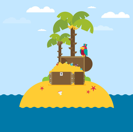 open treasure chest and pirates stuff on a desert island flat designのイラスト素材