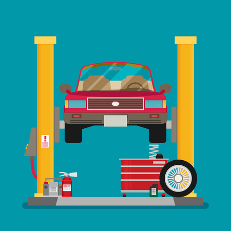 Car repair. Car lifted on auto lift. Vectorのイラスト素材