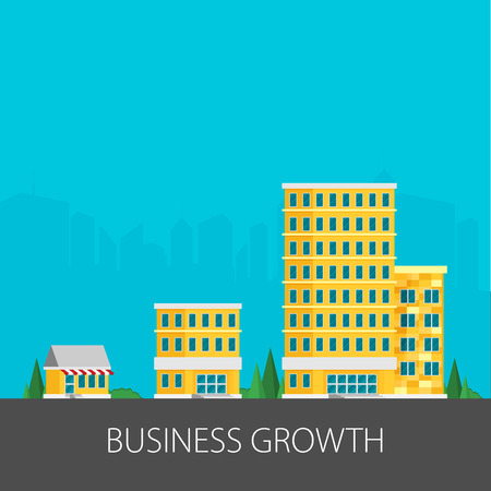 Growth of business. Buildings of company small, middle and big. Flat vector.のイラスト素材