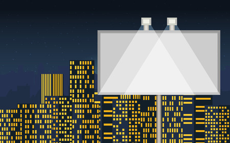 Night cityscape background with buildings, sky, stars. Empty urban big board with lampのイラスト素材