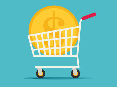 Flat Supermarket Cart Icon with Golden Coin Moneyのイラスト素材