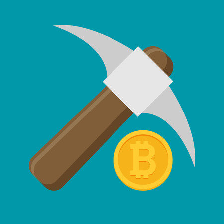 Bitcoin mining concept with pickaxe and coin flat vectorのイラスト素材