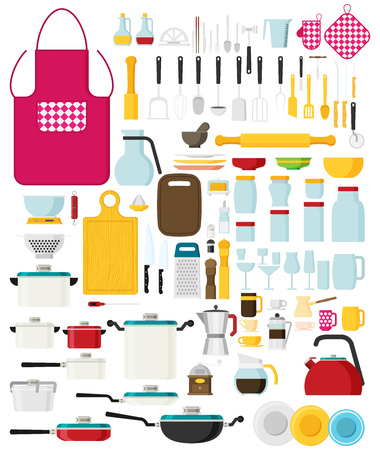 Kitchen utensils set flat vector. Kitchenware, cookware, kitchen tools collection. Modern flat icons set.のイラスト素材