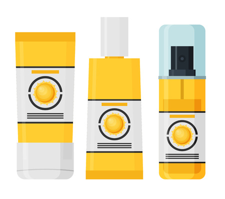 Sunscreen Care Sun Protection Cosmetics vector illustration. cream icon set in flat-style isolation のイラスト素材