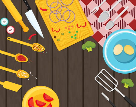 Flat vector kitchenware utensils and food on wooden worktopのイラスト素材