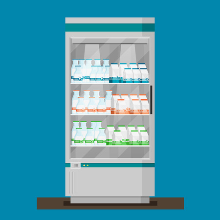 Supermarket. Flat vector. Refrigerator with milk productsのイラスト素材