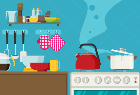 Interior of kitchen, pans on the stove, cooking. Vector illustration in flat styleのイラスト素材