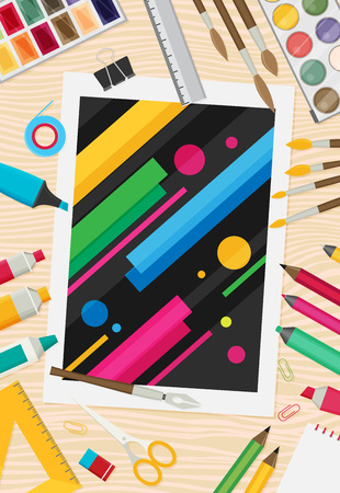 Colored flat design vector illustration of art supplies and art instrumentsのイラスト素材