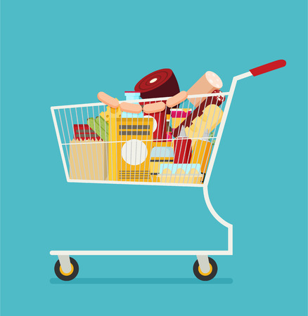 Supermarket shopping cart  with food flat vector isolated on color backgroundのイラスト素材