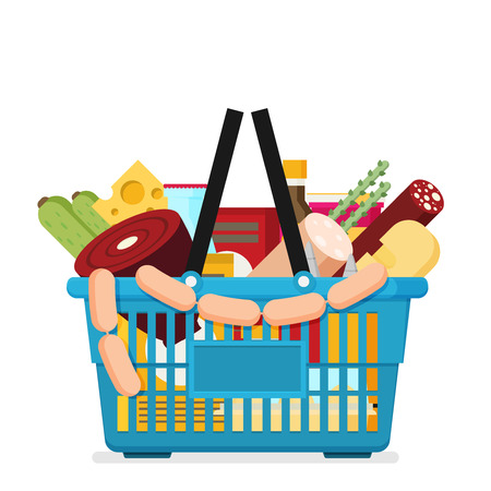 Shopping basket with fresh food and drink.Buy grocery in the supermarket. Vector flat design illustrationのイラスト素材