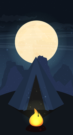 Camping in Forest at Night. Flat design Style.のイラスト素材