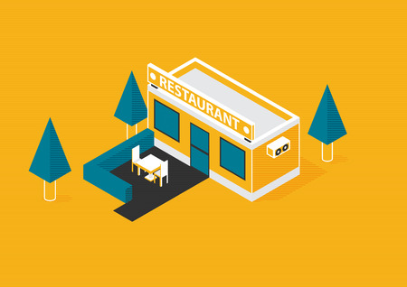 Flat isometric restaurant building with tables and chairsのイラスト素材