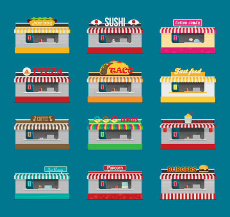 Stall sells fast food. Flat vector setのイラスト素材