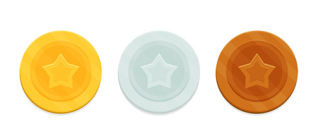 Coins with the image of the star. Gold, silver and bronze coins or medals set. Vector illustration in flat style.のイラスト素材