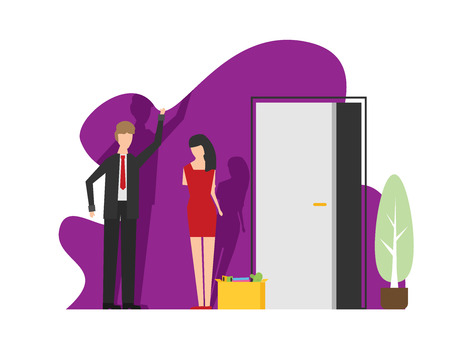 Angry boss dismisses employee. Flat vector illustration.のイラスト素材