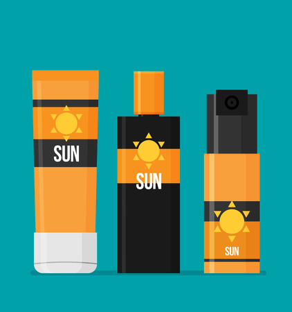 Sunscreen Care Sun Protection Cosmetics vector illustration. cream icon set in flat-style isolationのイラスト素材