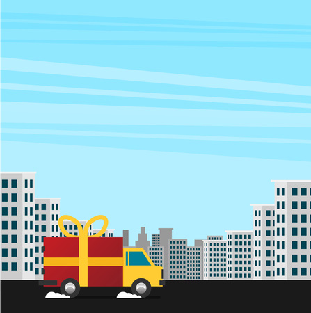 Vector free delivery concept in flat style - illustration for banner for website - transportation truck with a giftのイラスト素材