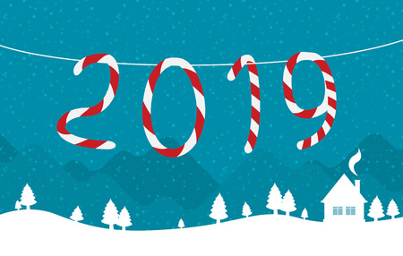 Hanging candy canes in snowy winter sceneのイラスト素材