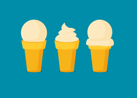Tasty ice cream set. Ice cream desserts. Balls and soft ice cream and waffle cup. Vector illustration.のイラスト素材