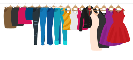 Flat vector racks with clothes on hangers. Girl Shopping.のイラスト素材