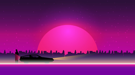 Retro future, 80s style Sci-Fi Background. Futuristic car.のイラスト素材
