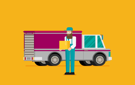 Man postal delivery courier man in front of cargo van delivering package.のイラスト素材